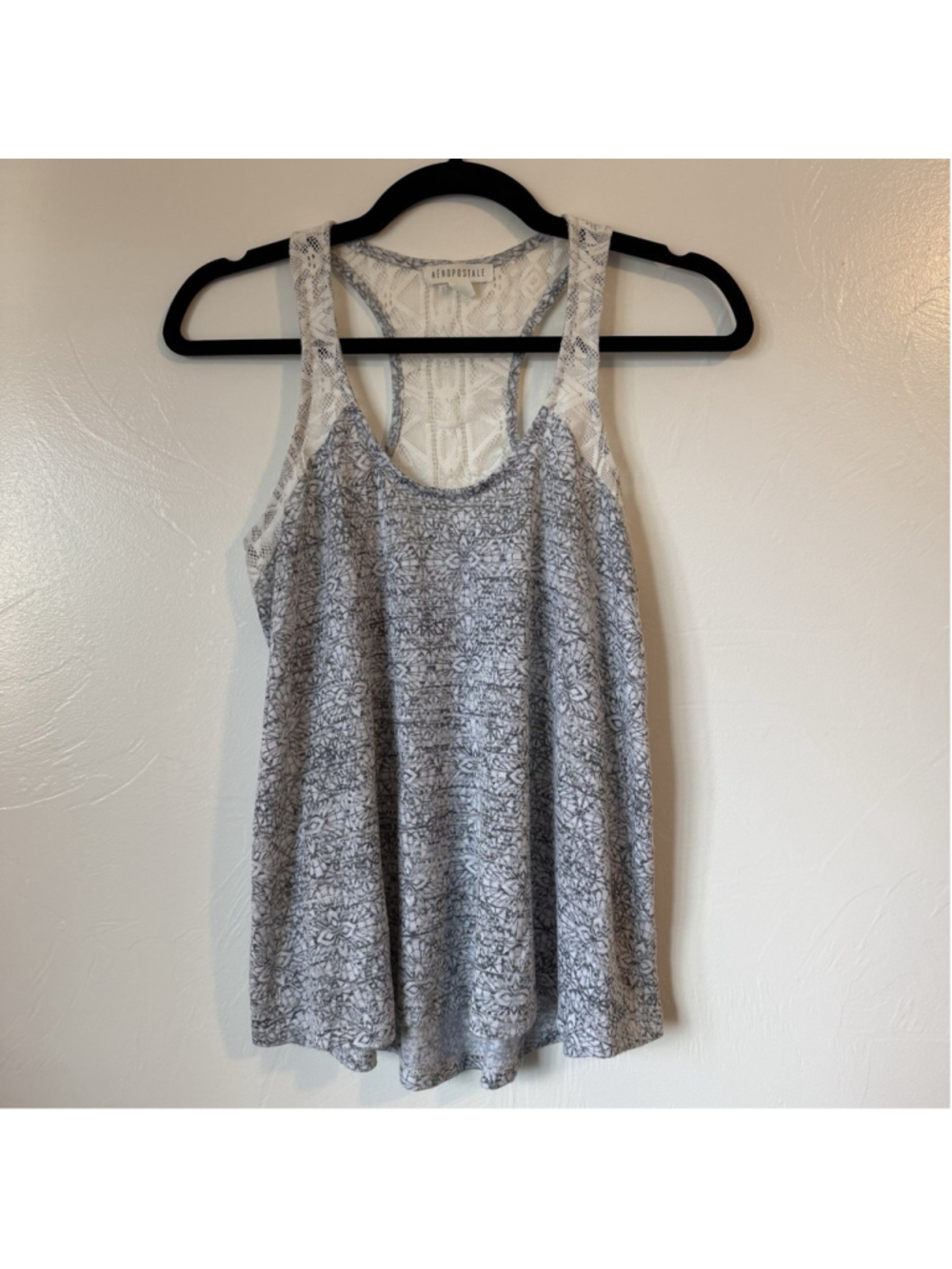 Aeropostale Y2K Flowy Racerback Tank Top Grey & White Lace Detail Size Small
